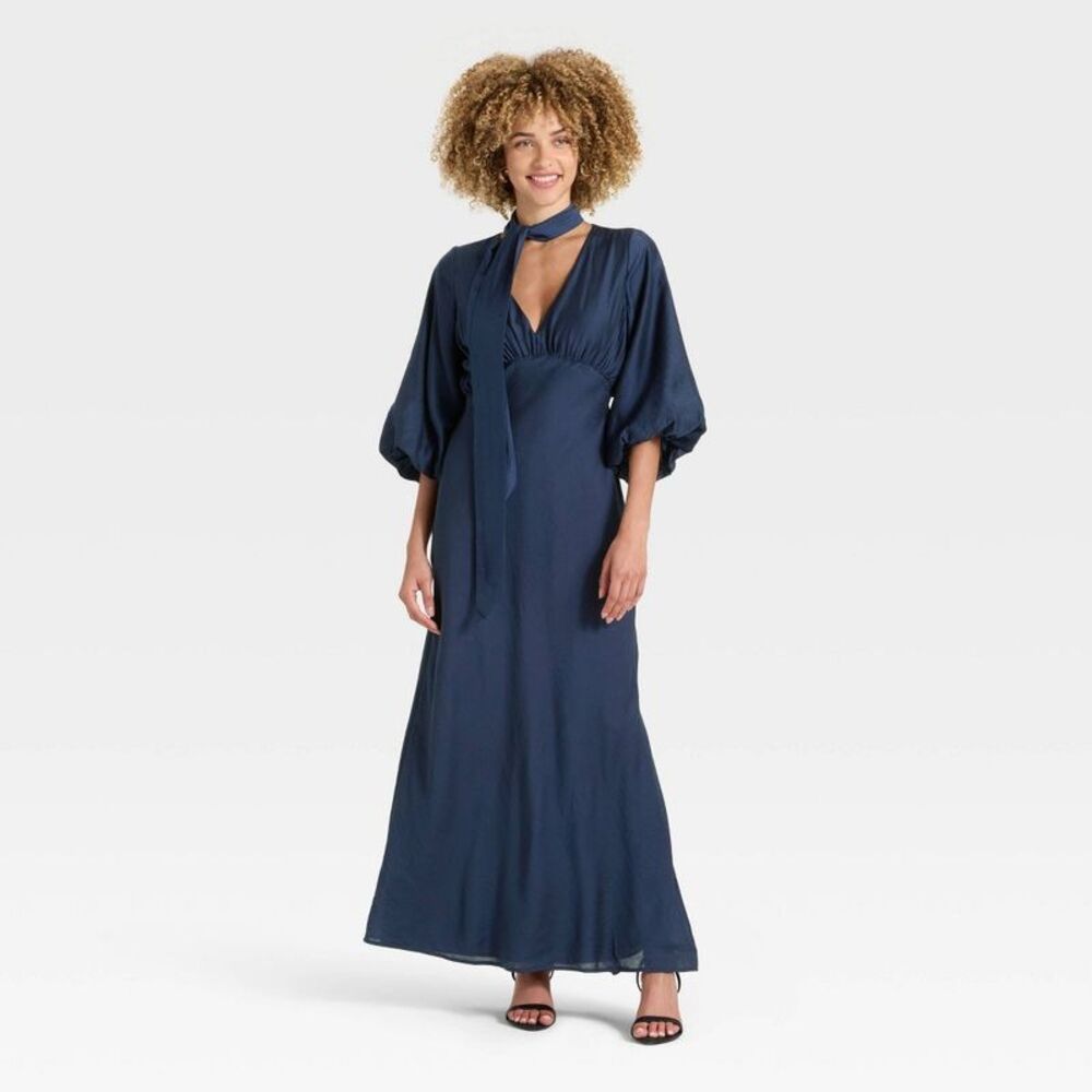 Women's Tie Neck Maxi Dress - A New Day Navy Blue XL